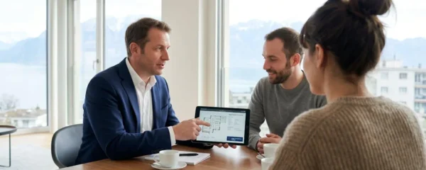 Un couple vu de dos consulte une tablette avec un agent immobilier dans un appartement lumineux à Lausanne avec vue sur le lac Léman en arrière-plan
