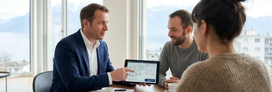 Un couple vu de dos consulte une tablette avec un agent immobilier dans un appartement lumineux à Lausanne avec vue sur le lac Léman en arrière-plan