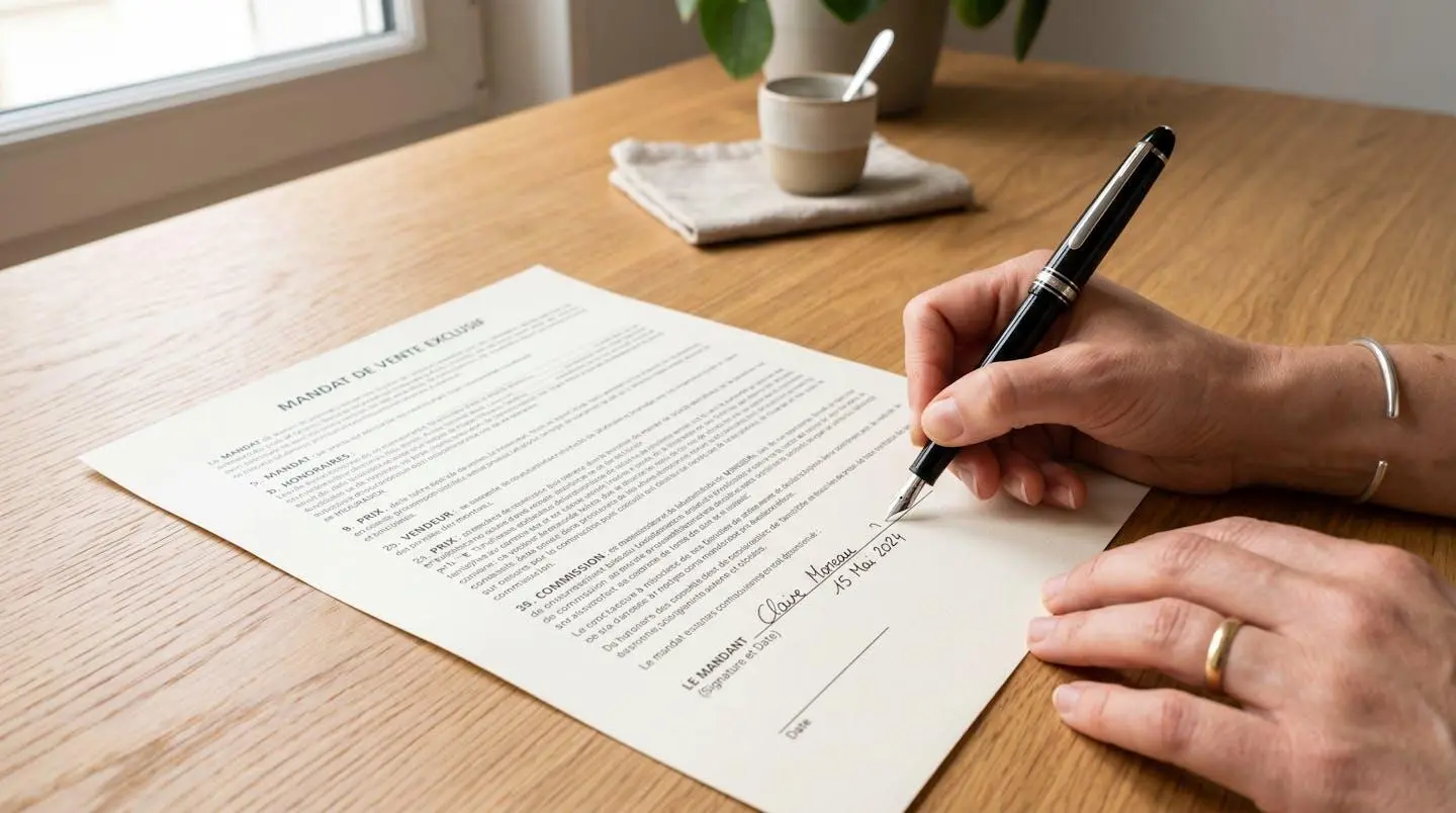 Gros plan sur une main signant un document de contrat immobilier avec un stylo moderne sur un bureau en bois clair