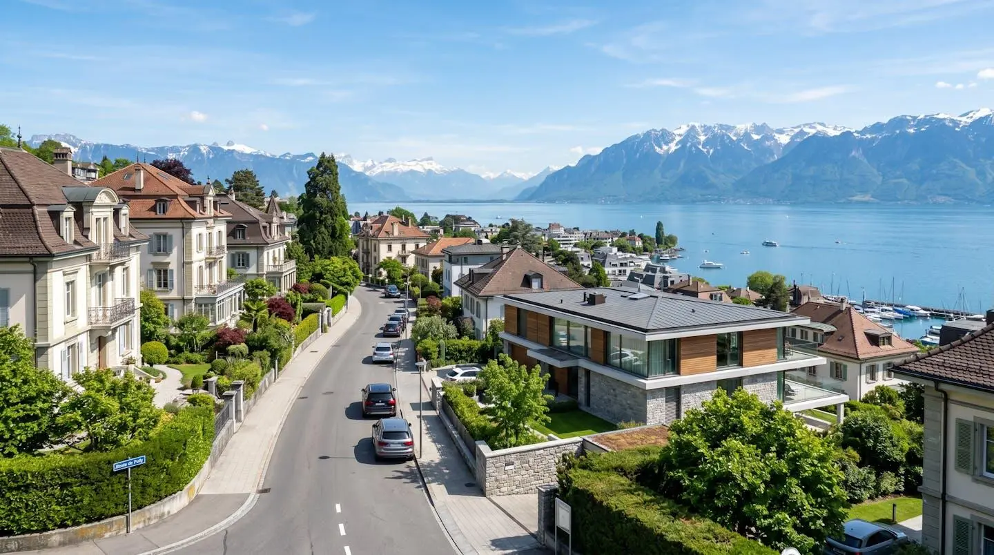 Vue grand angle d'un quartier résidentiel typique de Lausanne avec immeubles Belle Époque et villas contemporaines, le lac Léman et les Alpes visibles en arrière-plan sous un ciel lumineux