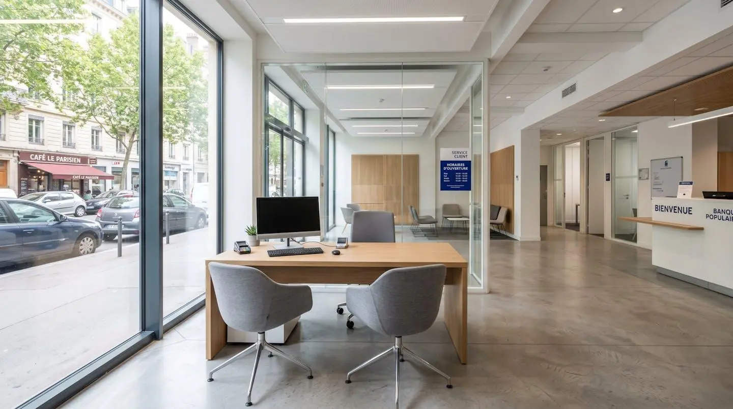 Intérieur d'une agence bancaire française moderne et vide, bureau de consultation avec deux chaises se faisant face, design contemporain épuré, lumière naturelle abondante