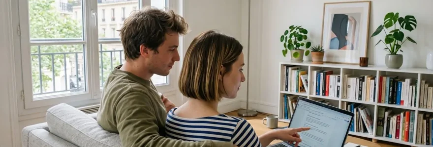 Un jeune couple consulte ensemble un ordinateur portable sur un canapé moderne dans un salon lumineux, vue par-dessus l'épaule, intérieur français contemporain 2026