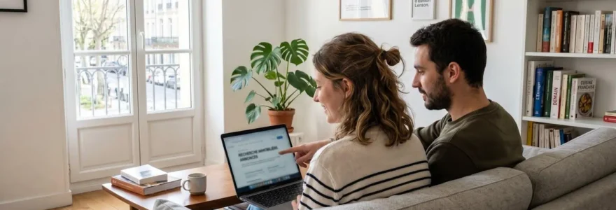 Un jeune couple consulte ensemble un ordinateur portable sur un canapé moderne dans un salon lumineux, vue par-dessus l'épaule, intérieur français contemporain 2026
