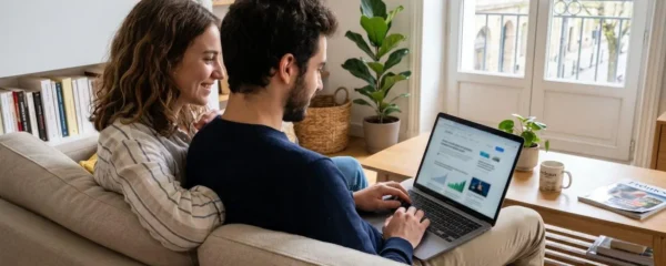 Un jeune couple consulte ensemble un ordinateur portable sur un canapé moderne dans un salon lumineux, vue par-dessus l'épaule, intérieur français contemporain 2026