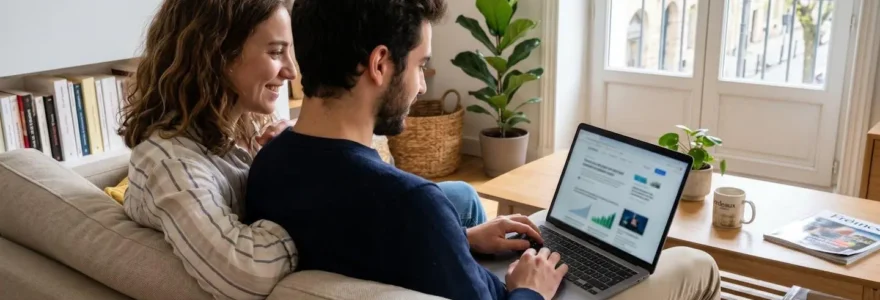 Un jeune couple consulte ensemble un ordinateur portable sur un canapé moderne dans un salon lumineux, vue par-dessus l'épaule, intérieur français contemporain 2026