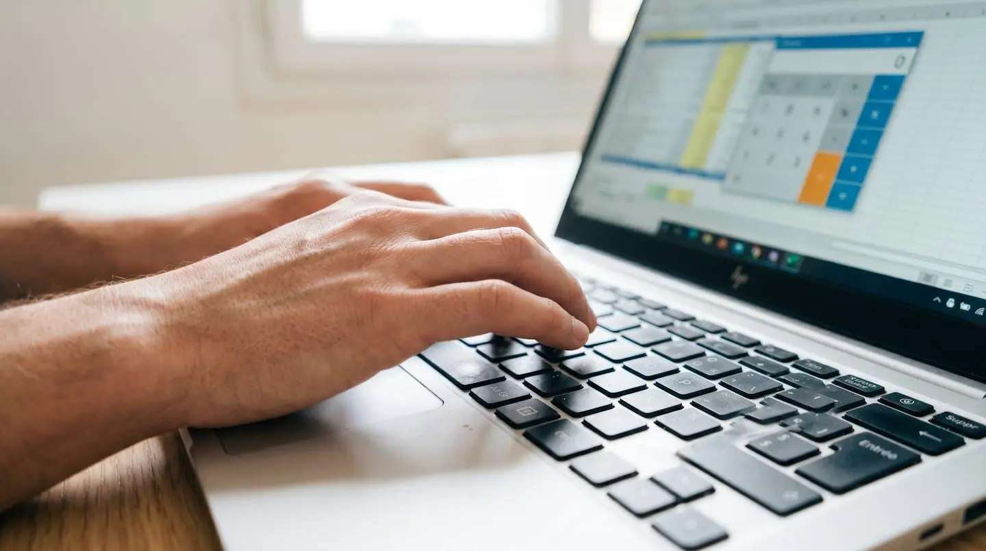Gros plan sur une main tapant sur le clavier d'un ordinateur portable moderne, feuille de calcul financier partiellement visible et floutée à l'écran, bureau blanc minimaliste