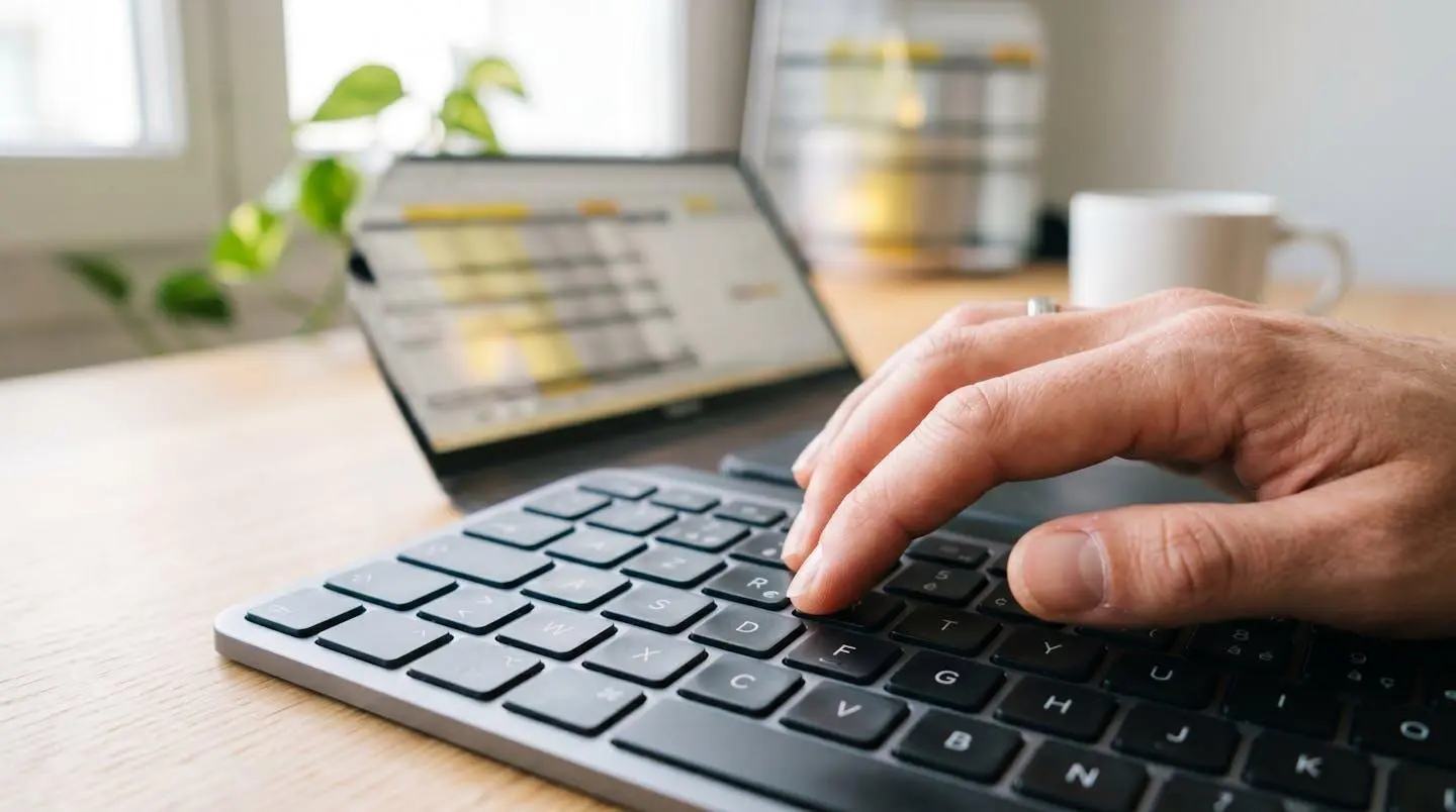 Gros plan sur une main tapant sur le clavier d'un ordinateur portable moderne, feuille de calcul financier partiellement visible et floutée à l'écran, bureau blanc minimaliste
